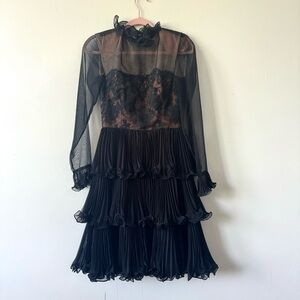 1970s Travilla Pleated Midi Dress, Black Lace, High Neck, Small